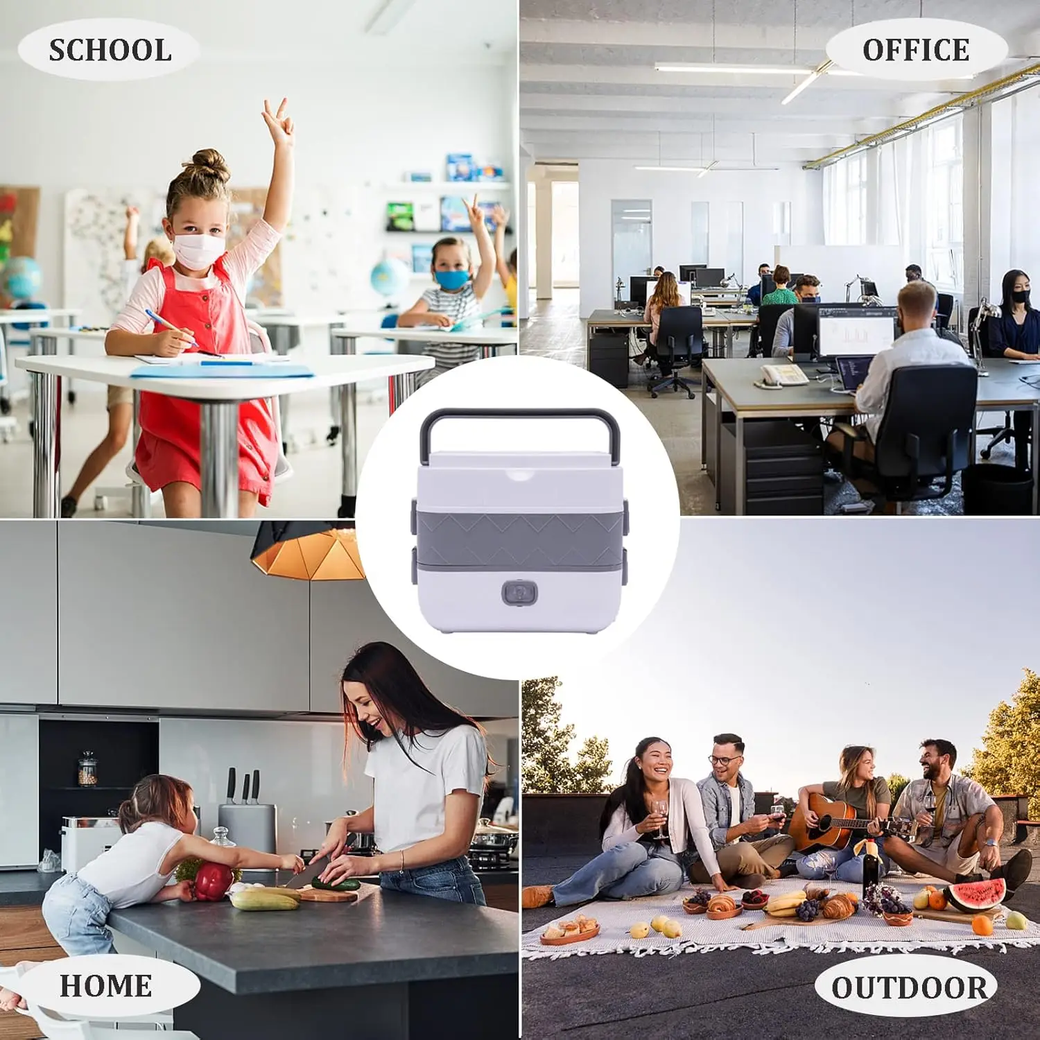 2 Layer 2L Electric Lunch Box Portable Self Cooking Heating Bento Lunch Box Multifunctional Mini Food Storage Warmer Container