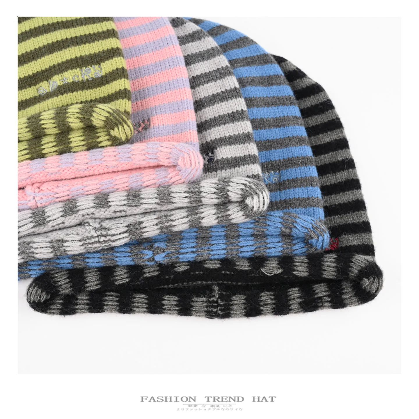 Gestreifte Strickmütze im koreanischen Stil, Unisex, übergroße Pullover-Mütze für große Kopfgrößen, gesichtsformende, warme Wintermütze für Männer und Frauen – Detail 2