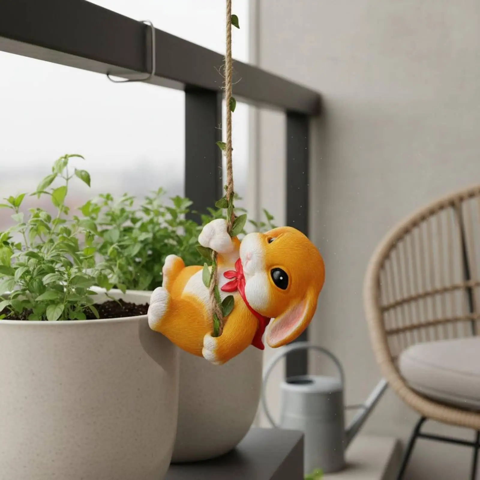 Resin Rabbit Planter Hanging Hare Figurine Garden Fairy Decor for Outdoor Fence Patio Balcony Creative Accent