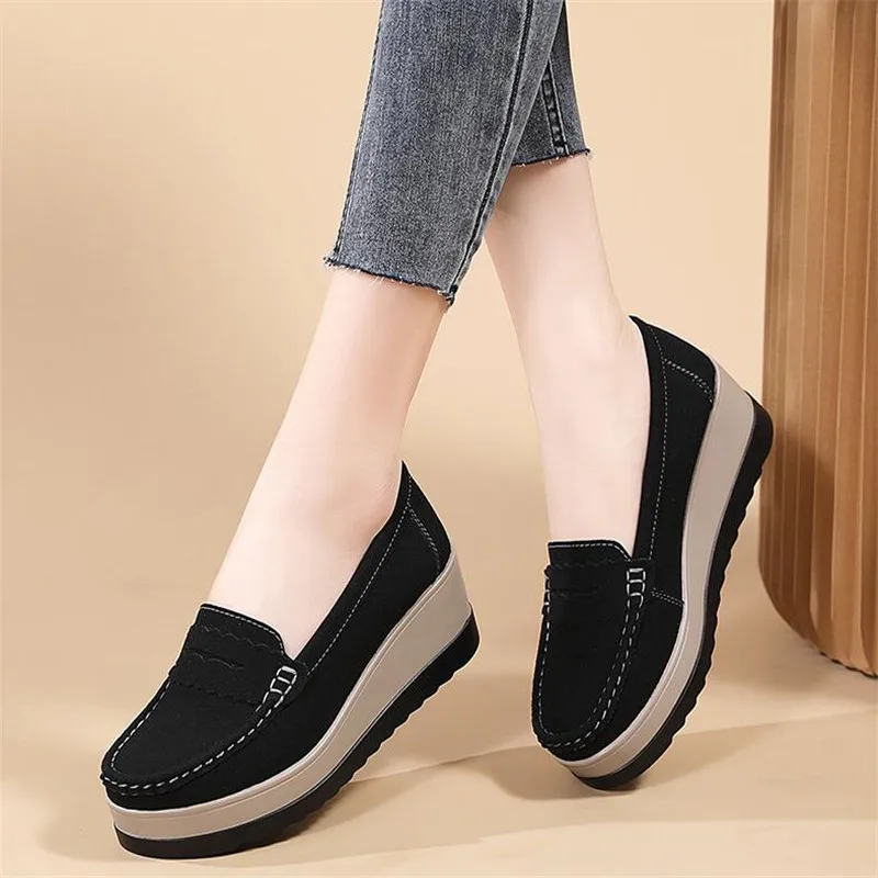 Spring Autumn Women Flats Platform Loafers Ladies Cow Suede Genuine Leather Comfort Wedge Moccasins Slip On Casual Shoes