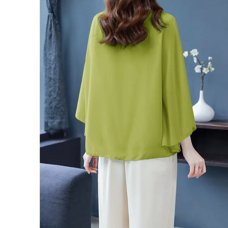 2024 Women\'s Summer O-Neck Patchwork Fashion Solid Color Batwing Sleeve Office Lady Casual Blouse Short Sleeved Shirts Blouses