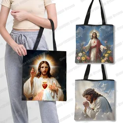 Vintage Religion Jesus Pattern Print Shoulder Bags Christian Prayer Blessing Handbags Casual Totes Large Capacity Shopping Bag