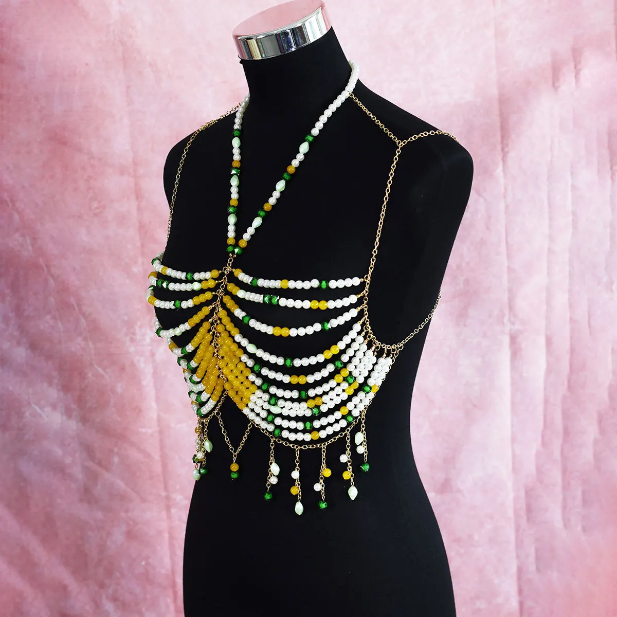 Sujetador con cuentas de colores mezclados, joyería de cadena, Tops cortos de Bikini, gafas de fiesta de espectáculo de lujo, Tops con cuentas, cadena corporal Sexy para mujer