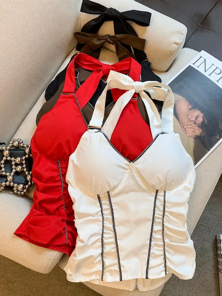 

Sexy Hot Girl Neck Hanging Strap Vest Women's Spring Summer New Pure Desire V-neck Pleated Waist Slimming Short Top