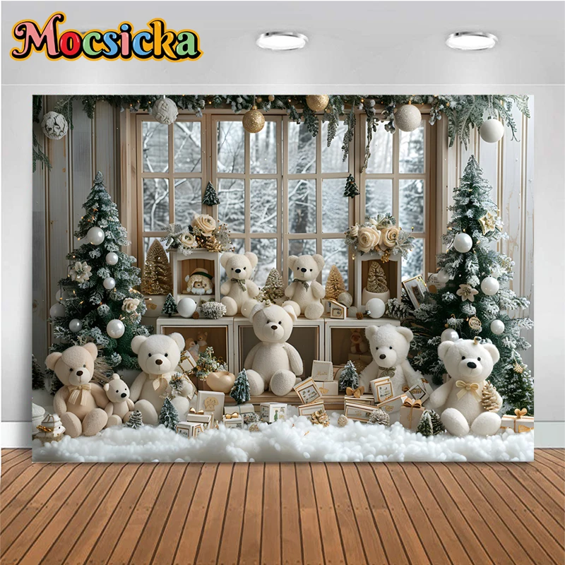 Merry Christmas Tree Background Bear Socks Kid Newborn Photography Backdrop Indoor Home Party Decoration Props Fond Photo Studio