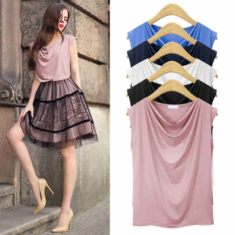 

Women Solid T Shirt 2023 Summer Sleeveless Loose Pile collar Tops White Black Pink Plus Size 6XL