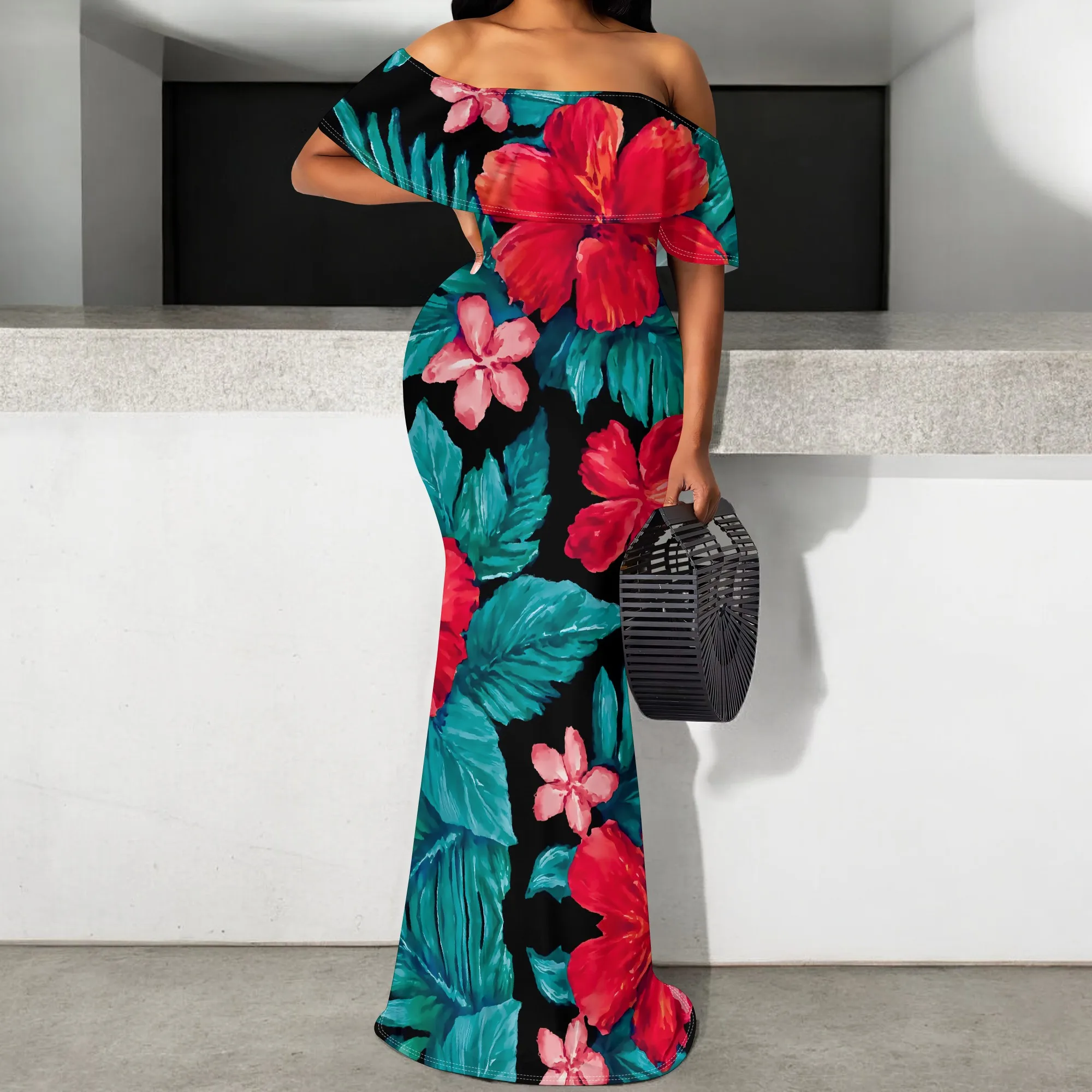 

Women's Tropical Floral Off Shoulder Maxi Dress 2025 Sexy Mermaid Bodycon Long Dress for Beach Party Vacation S-3XL