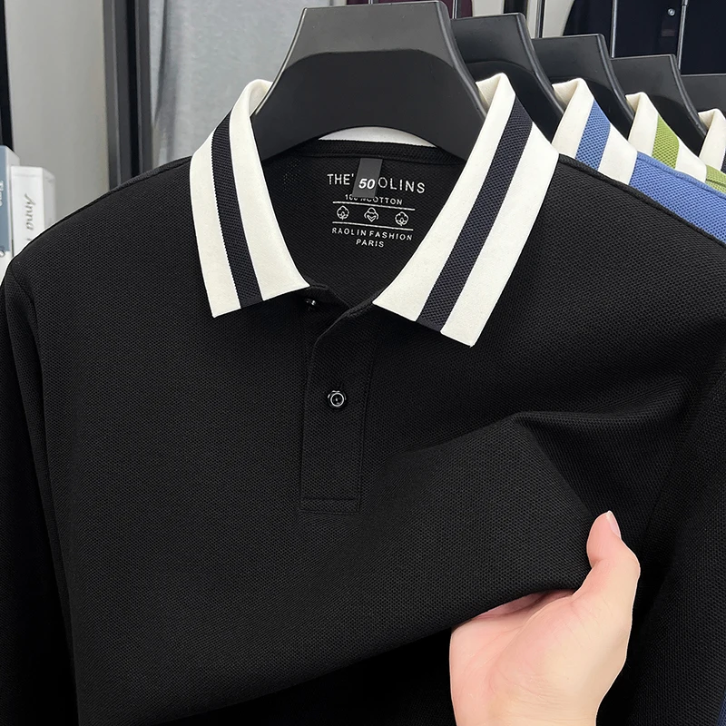 

100% хлопок, качественная мужская рубашка-поло с длинным рукавом, футболка с воротником в полоску и лацканами, дышащая осенняя деловая повседневная мужская одежда, тренд