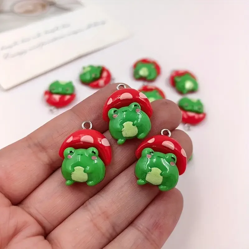 

10pcs Cute Resin Frog Charms with Red Mushroom Caps - Flatback Jewelry Findings Accessories for DIY Keychain Earrings