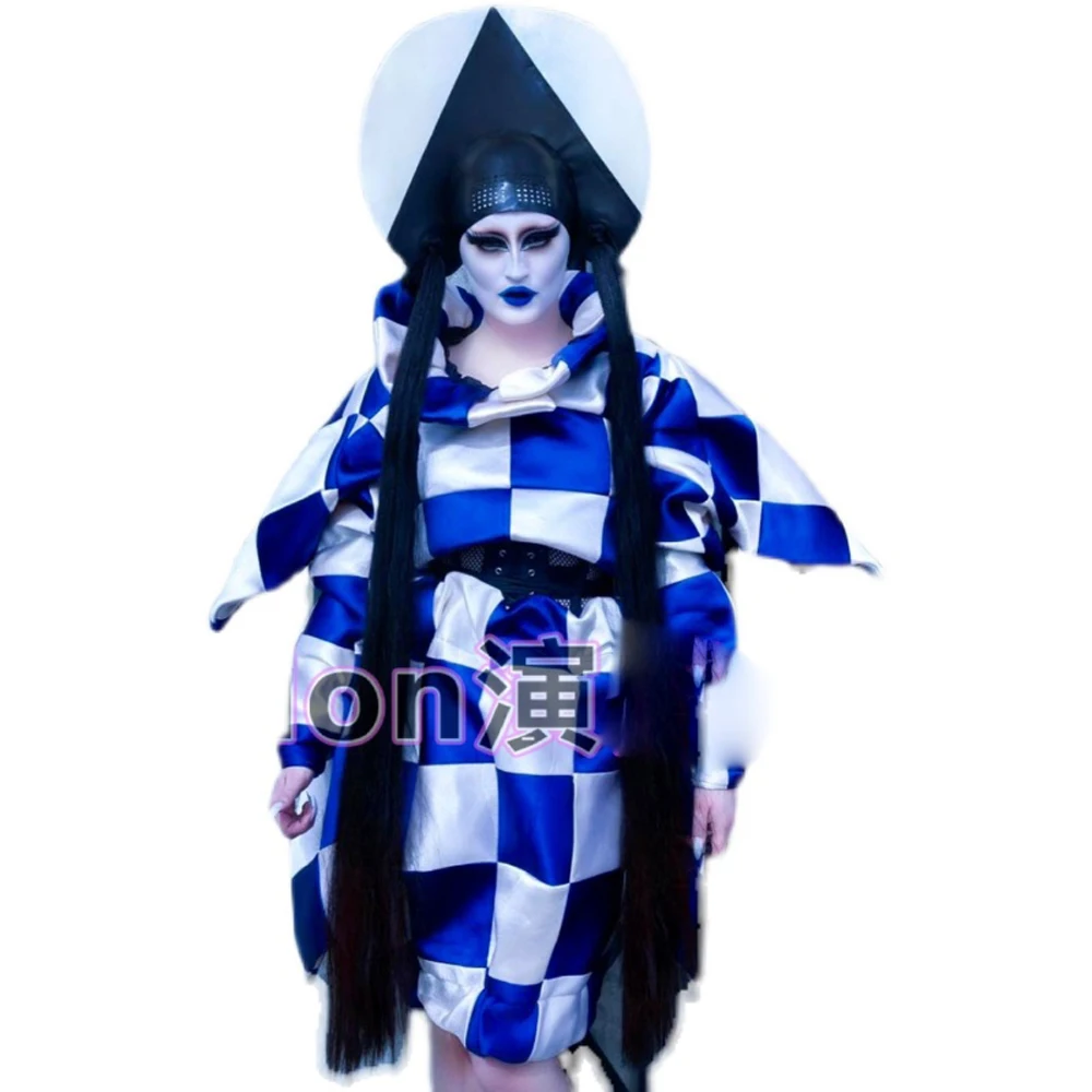 

Club Show custom halloween white and blue plaid horror show bar gogo ds cosplay party costume