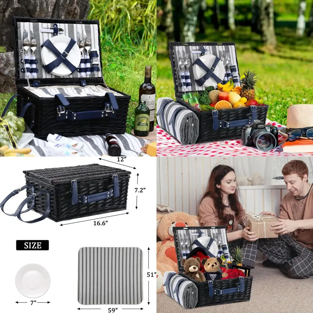 

Набор корзин для пикника Black Willow на 4 человека с водонепроницаемым одеялом и изолированным холодильником, идеально подходит для кемпинга, улицы и подарков