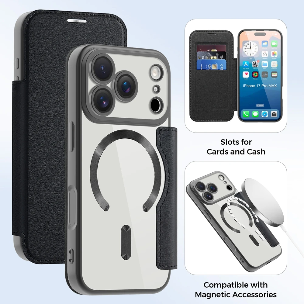 Flip-Lederhülle für iPhone 18 17 Air 16 Promax 15 Pro Max 14 Plus 13 PM 12 mit Kartenhalter, magnetischer Halterung und kabelloser Ladefunktion – Detail 11