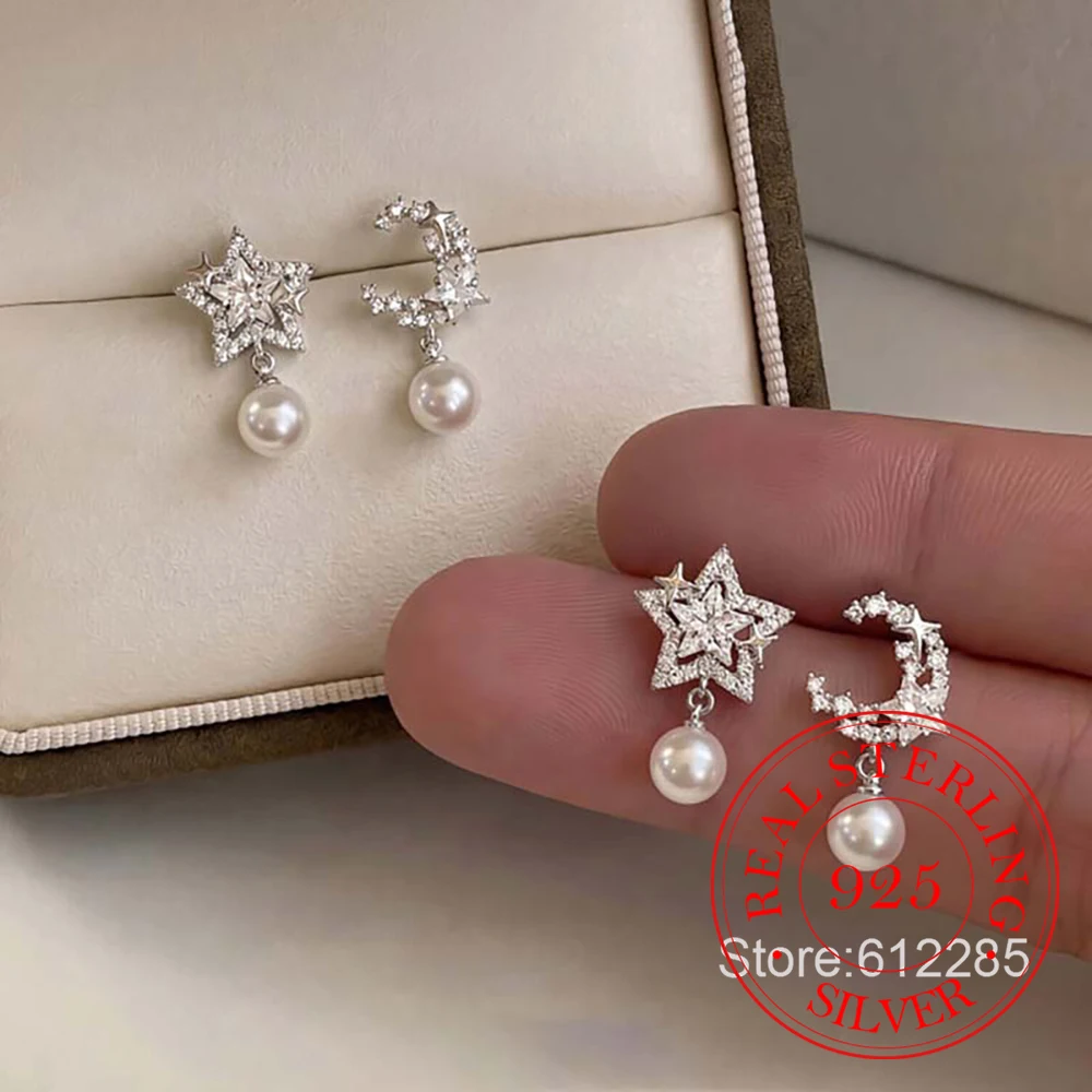 925 Sterling Silver Jewelry Asymmetrical Crystal Moon Star Pearl Stud Earrings for Women Wedding Party Jewelry For Friends Gift