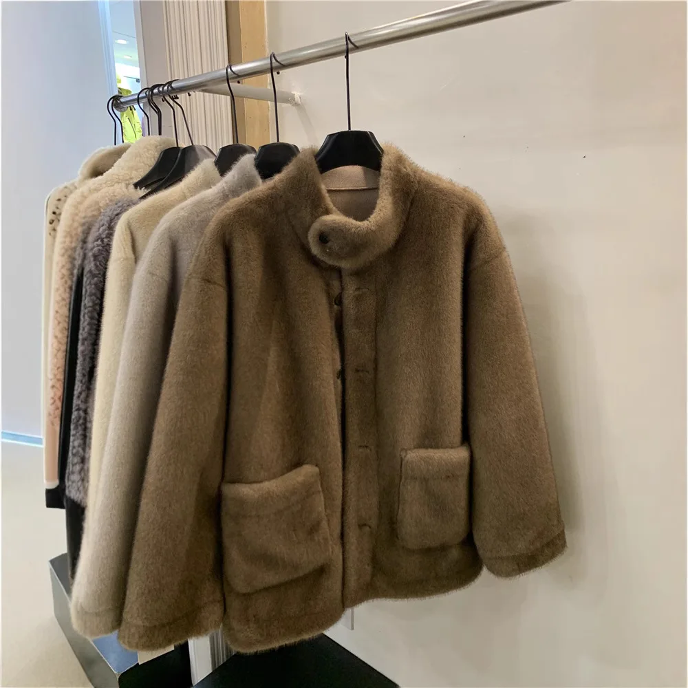 Faux Fur Women Coats Mid Length Coat Stand Collar Thick Warm Y2k Streetwear Elegant Warm JacketsOuterwear Autumn Winter Overcoat