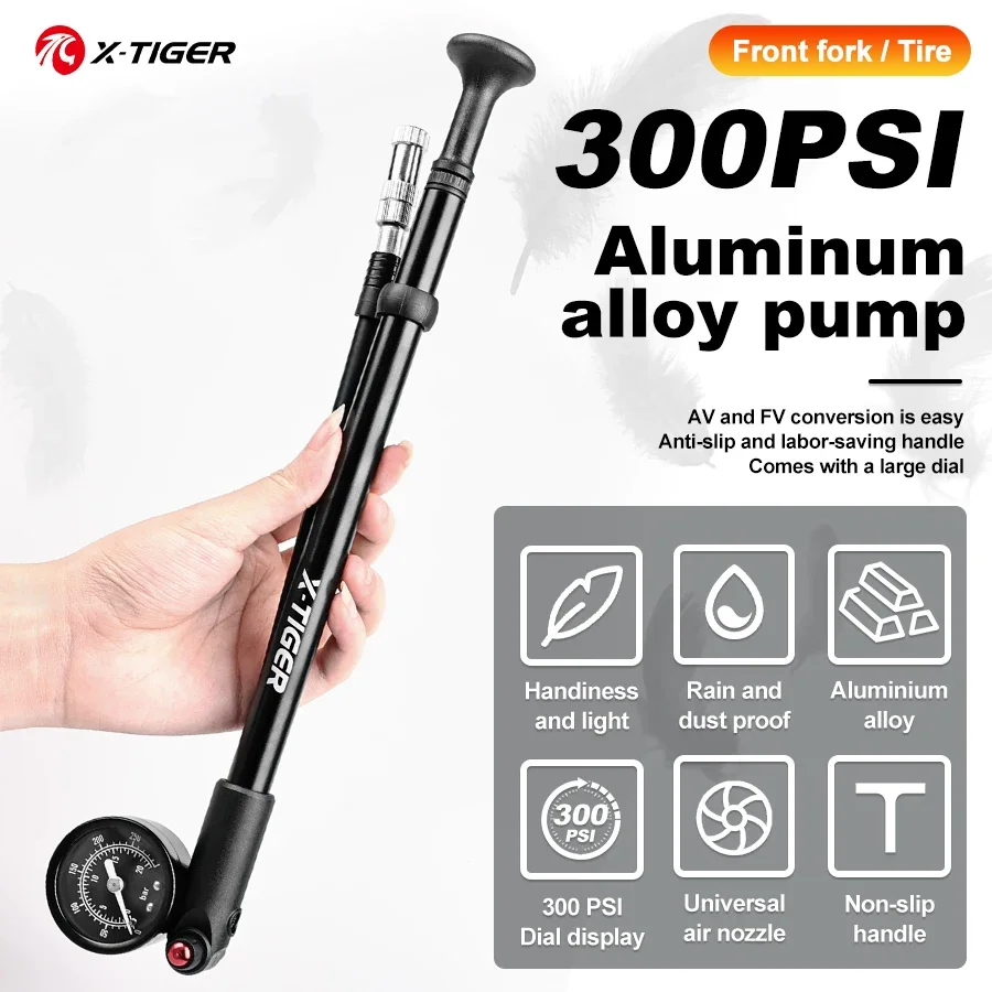 

X-TIGER 300psi High Pressure Bicycle Pump with Pressure Gauge Portable Tire Inflator Mountain AV/FV General Bike Pump