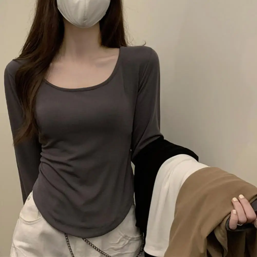 O-Neck Long Sleeves Slim Fit Bottoming T-shirt Autumn Winter Solid Color Irregular Short Type Blouse Female Clothing