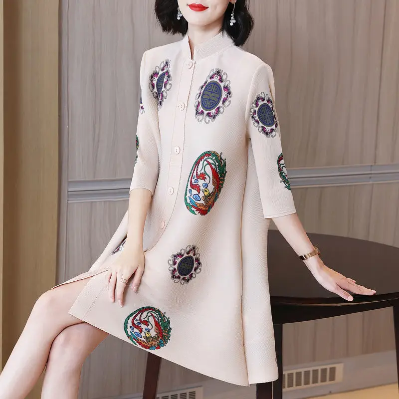 

Western retro seal medium -style fold dress 2023 spring and summer new high -end high -end foreign -style women's shirt skirt