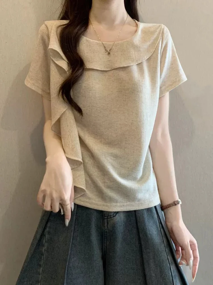 

Ladies Summer Short Sleeve T-Shirt with Lace Hem Large Size Comfortable Fit Korean Style round Neck Casual Top for Working Women