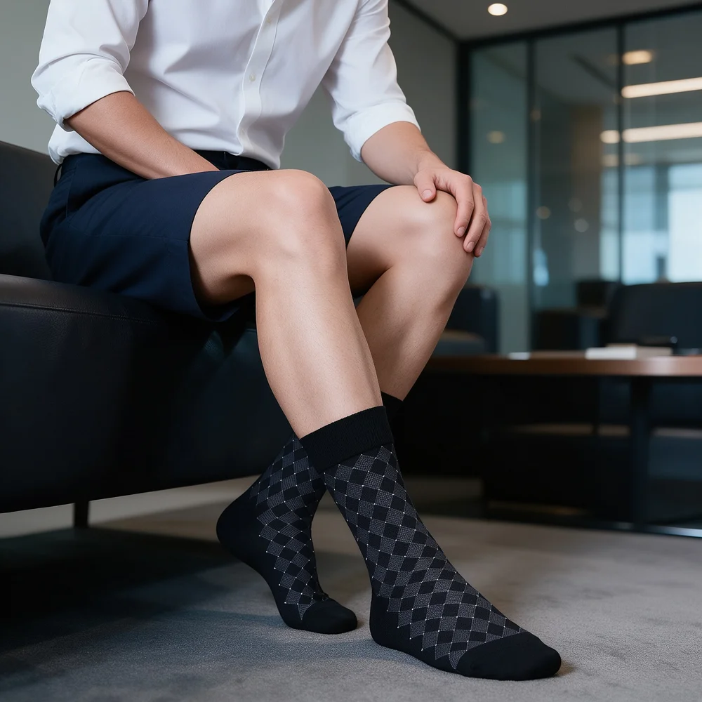 Men's Dress Socks Argyle Diamond Check Black Grey Mid Calf Cotton Business Formal Crew Socks for Wedding