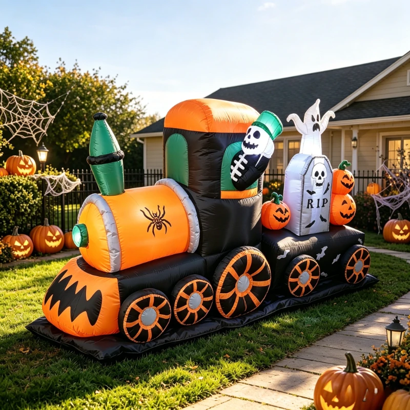 8 FT Long Halloween Inflatable Skeleton on Train Ghost Tombstone Pumpkins LED Lights Outdoor Indoor Blow Up Lighted Yard Decor