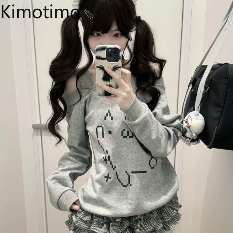 

Японская толстовка Kimotimo с мультяшным принтом и открытыми плечами, женская, милая, с длинными рукавами, облегающая, в стиле Y2K, эстетичная, аниме-худи