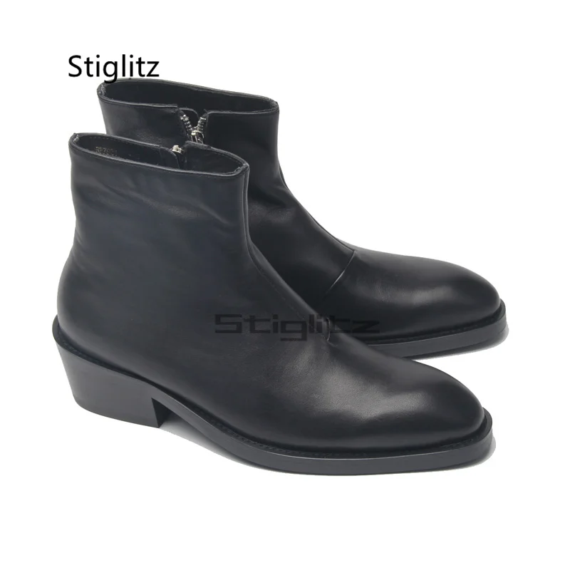 

6Cm High Heels Chelsea Boots Men's Pointed Toe Genuine Leather Winter Ankle Boots Black British Side Zip Business Men's Shoes