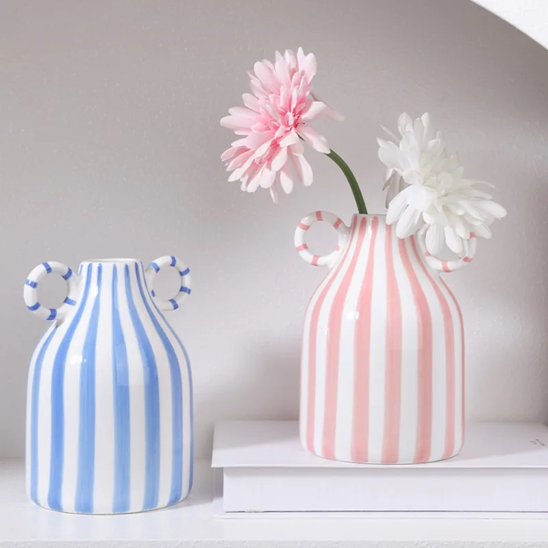 

Nordic Internet-Famous Sophisticated Hand-Painted Striped Vase Ceramic Hydroponic Fresh-Flower Vases Desktop Decorative Accent
