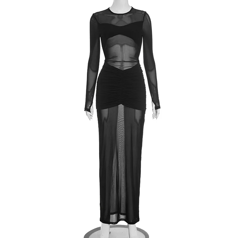 Blifanbo Sexy Mesh Durchsichtig Maxi Kleid Frauen Sheer Backless Patchwork Aushöhlen Bodycon Hohe Taille Fashion Club Party Kleid