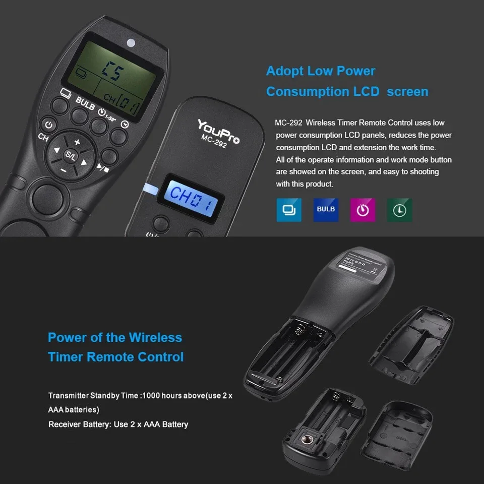 YouPro MC-292 DC0/DC2/N3/S2/E3/E2 2.4G Wireless Remote Control LCD Timer Shutter Release Channels for Canon/Sony/Nikon/Fujifilm