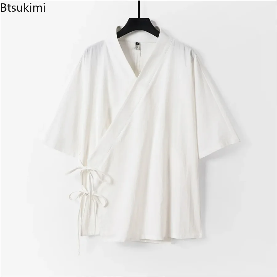 New Men's Chinese Style Retro Cotton and Linen Seven Quarter Sleeved Top Spring Male Slanted Collar Improved Hanfu Zen Clothing