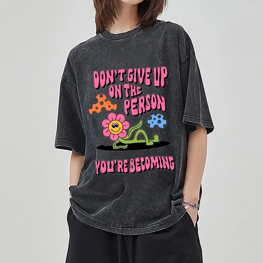 

Personality Street Style Flower Mushroom Print Women's T-Shirt Oversized Unisex Couple Half Sleeve Vintage Distressed Top