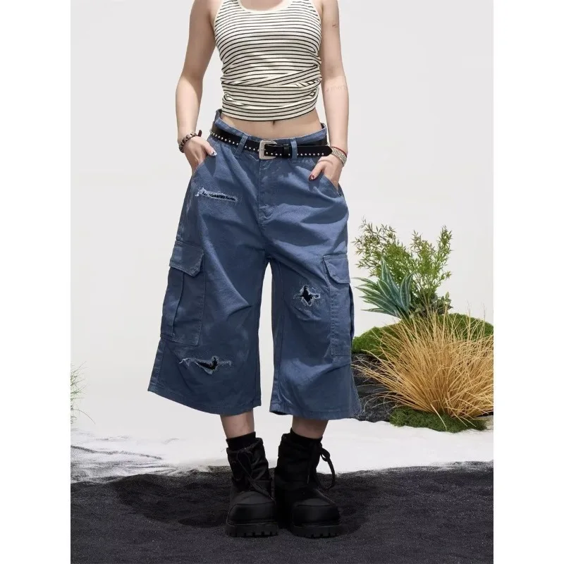 Summer Women's Broken Hole Suture Patch Shorts Streetwear Unisex Knee Length Trousers Female High Waist Wide Leg Half Pants