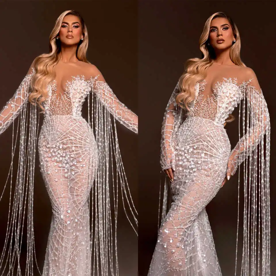 

Иллюзионные свадебные платья Русалка с круглым вырезом и жемчугом, расшитые бисером и длинными рукавами, свадебные платья со шлейфом, Vestido De Noiva, индивидуальный заказ