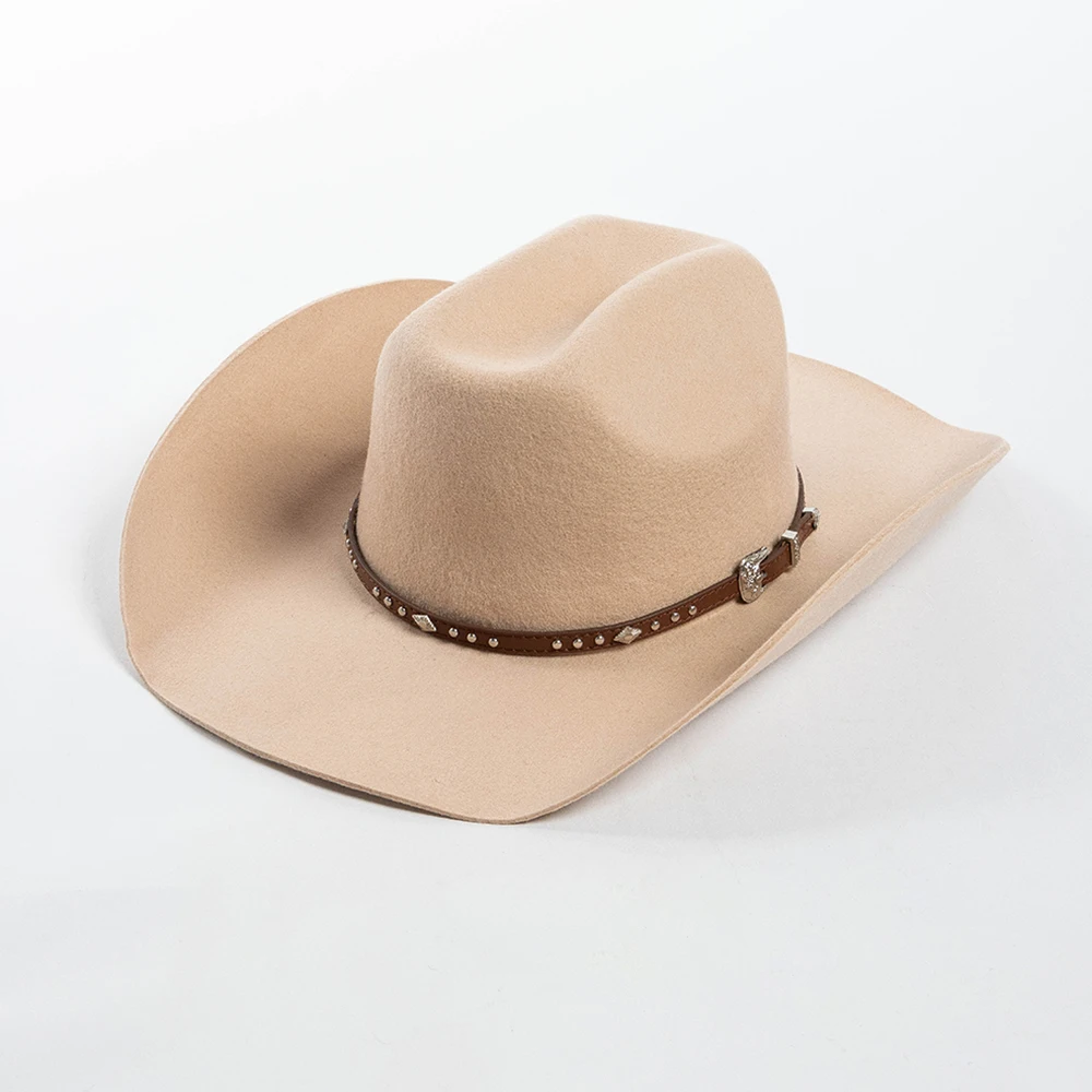 100% Wool Felt Cowboy Hat with PU belt and rivets Unisex Wide Brim Felt Hat