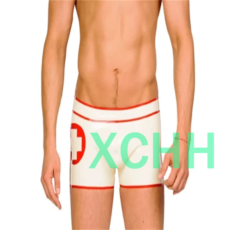 Sexy Latex Boxer Shorts Withe with Red Trims Rubber Underwear for Men