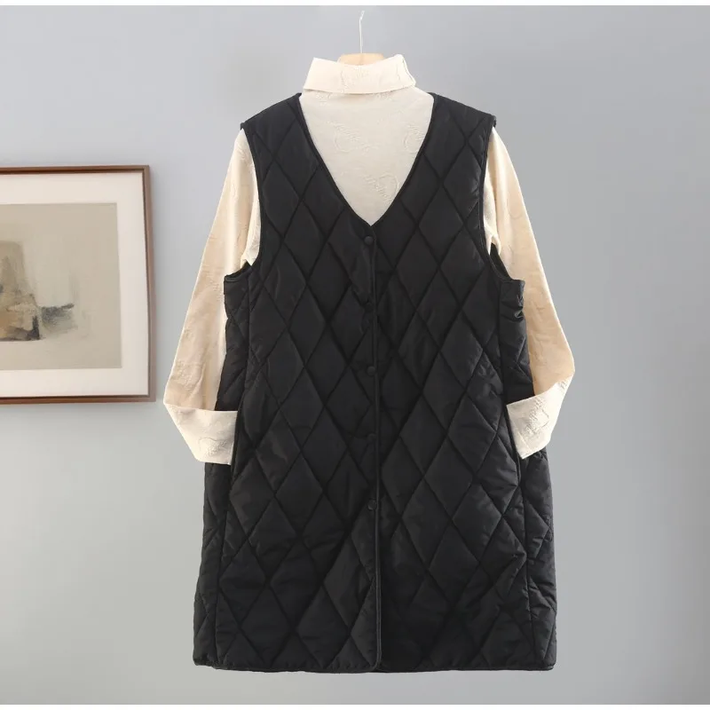New Womens Light Down Cotton Vest Jacket Autumn Winter Warm Padded Waistcoat Coat Female Long V-neck Rhombus Vest Coat 4XL 5XL