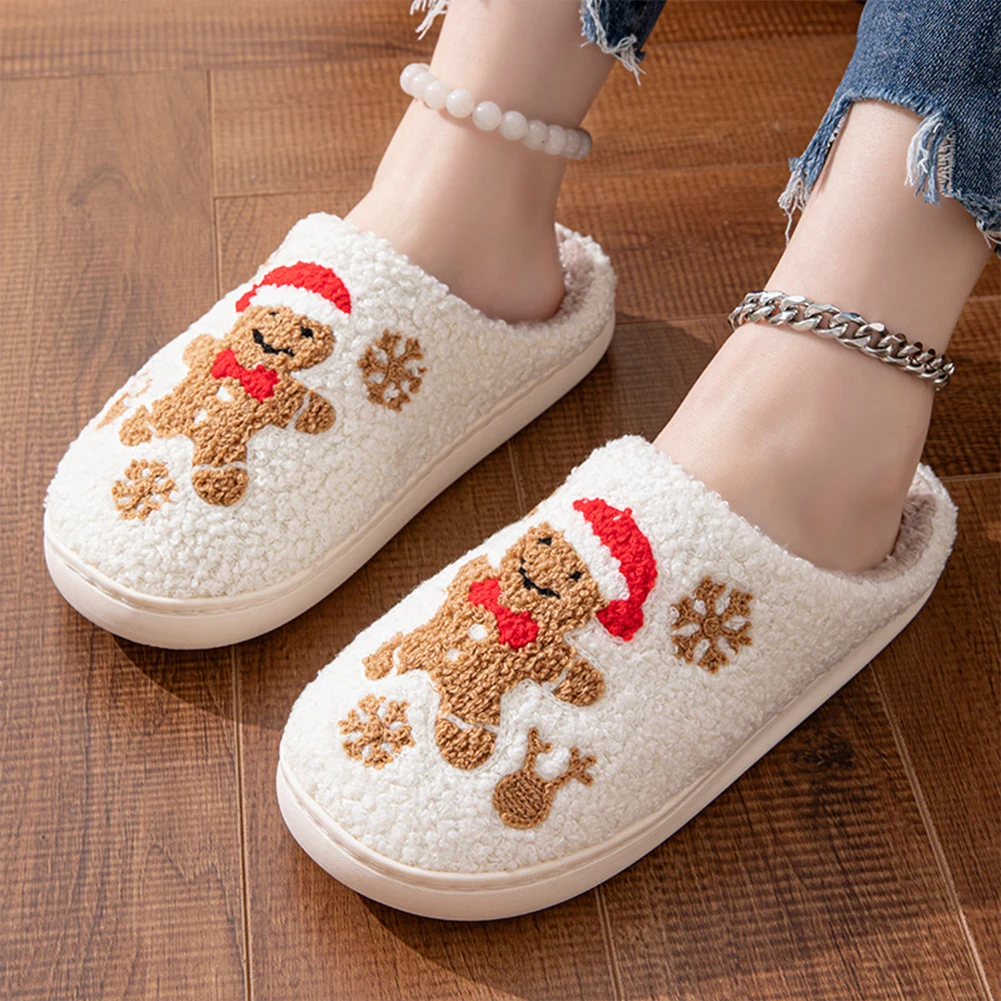 

Christmas Gingerbread Man Slippers Flat Thermal Slippers Comfortable Furry Snowflake Slippers Anti Slip for Autumn Winter