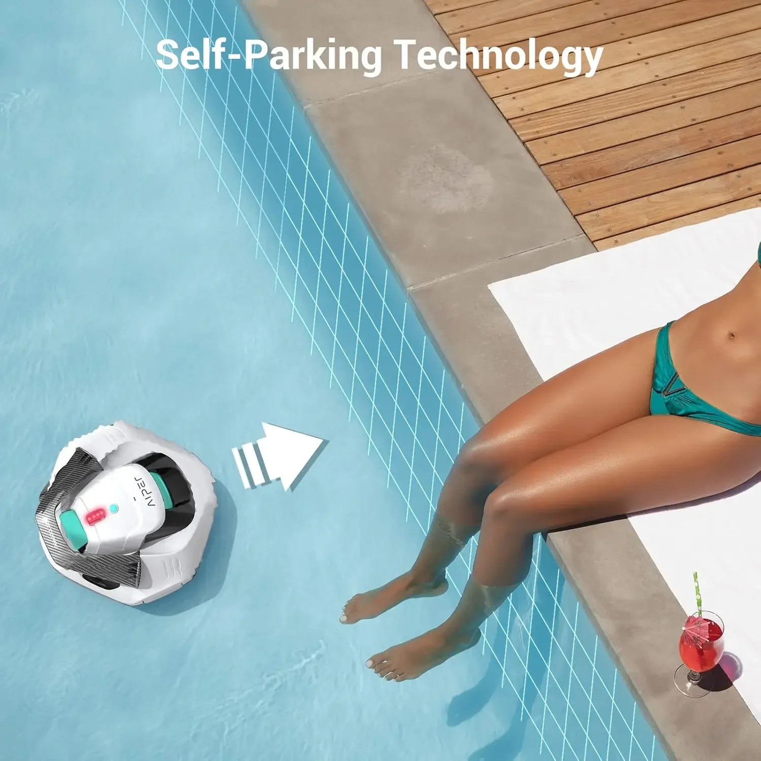 Limpador de piscina robótico sem fio com motores Dual-Drive, leve para piscinas planas, tecnologia de estacionamento automático