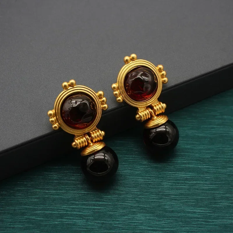 French Retro Caramel Jelly Glass Autumn and Winter New Round Ball Niche Earrings Jewelry Earrings