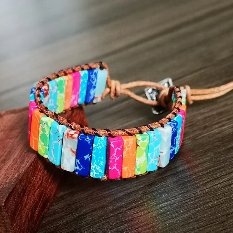 

HWJQ Bohemian Style Metal Buckle Rainbow Color Natural Stone Bracelet For Women Men Beach Hand Woven Popular Bracelets Ox Warble