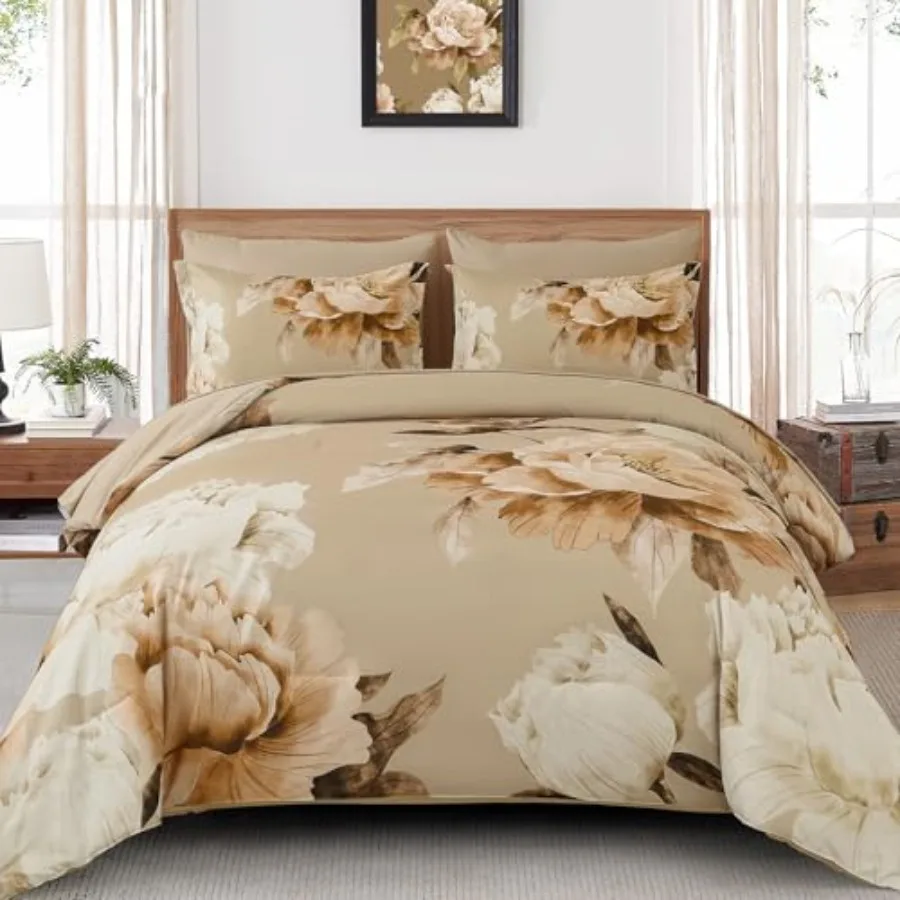 

Comforter Set 7 Pcs Bed in a Bag Size Taupe Floral Fall Comforter Set with Sheets Soft Microfiber Farmhouse Complete Bedding Se