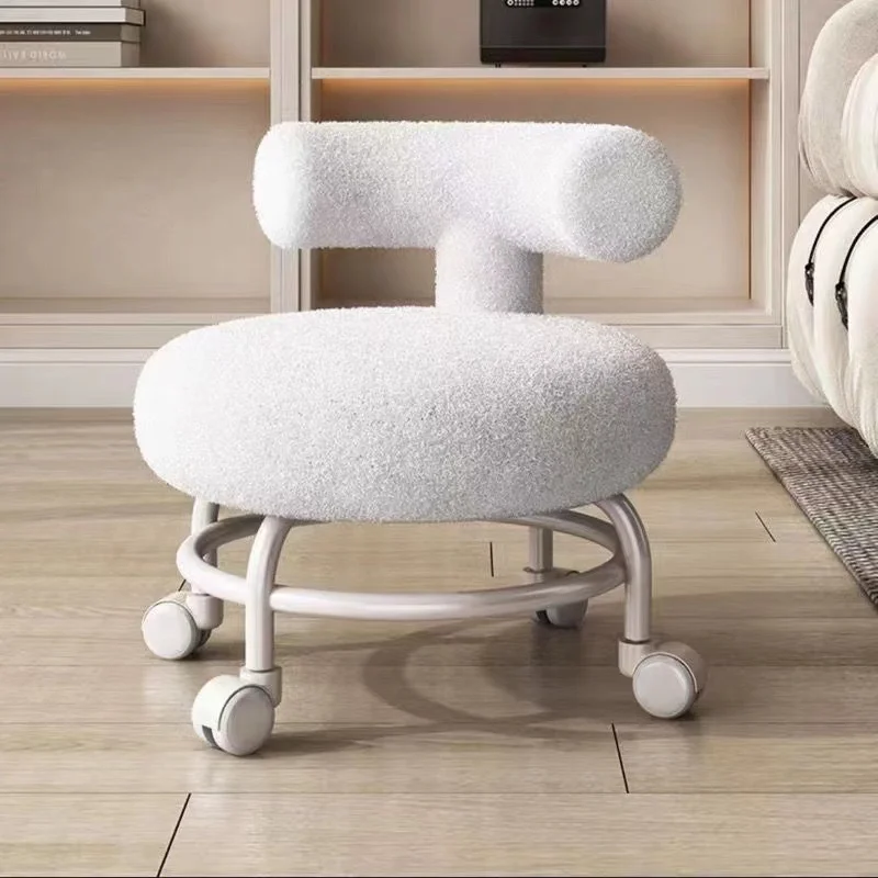 #¥Lambskin Low Chair Household Round Stool Movable Shoe-changing Stool with Backrest