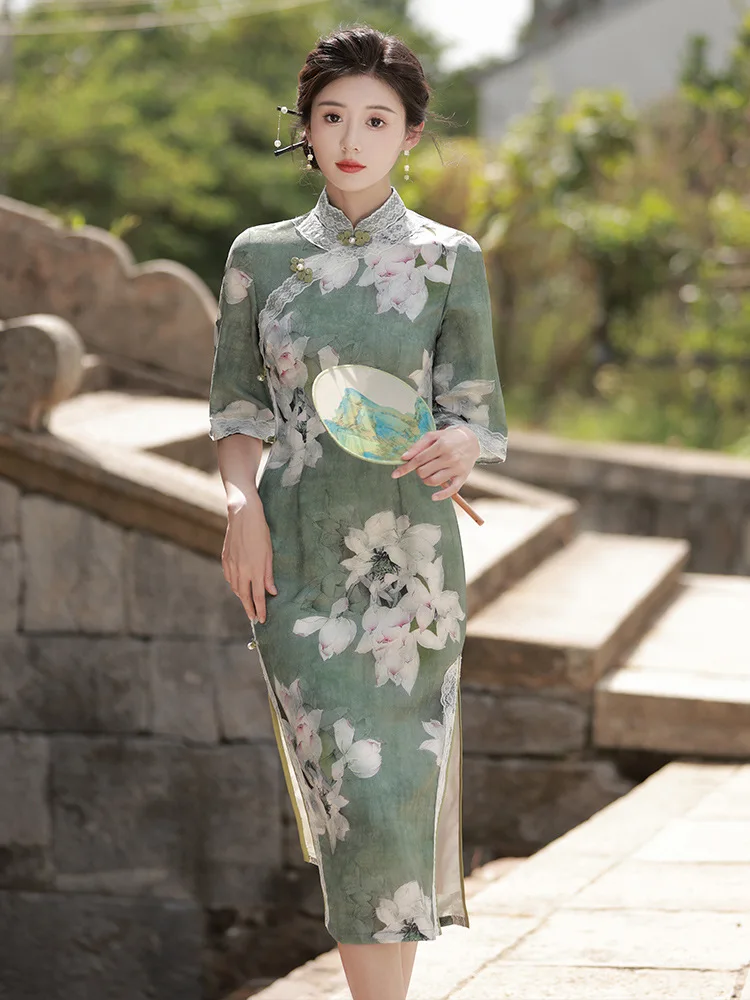 

FZSLCYIYI Summer Flare Sleeve Mandarin Collar Mid-Length Cheongsam Traditional Printed Satin Chinese Clothes Women Qipao