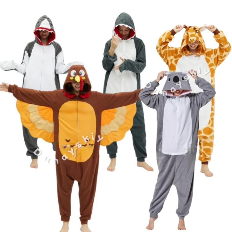 

Turkey Shark Koala Animal Onesie Pajamas Halloween Thanksgiving Animal Kigurumi Thick Fleece Cartoon Full Body Loungewear Unisex