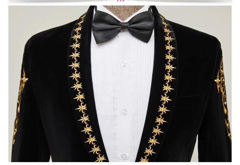 Luxury Gold Baroque Floral Embroidery Velvet Blazer Jacket Men Shawl Collar One Button Dress Blazers Wedding Dinner Party Tuxedo