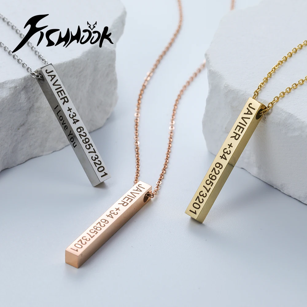 

Fishhook Engrave Bar Necklace Custom Coordinate Name Chain Personalized Family Gift For Men Women Couple Stainless Steel Jewelry