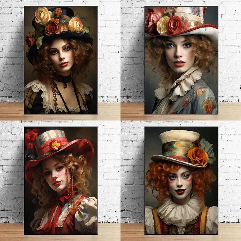 Four Female Clown Harlequin Circus Woman Poster Print Wall Art Pictures Canvas Painting Living Room Bedroom Home Decor Gift