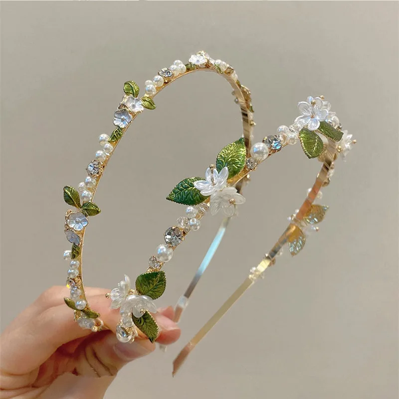

Leaf Rhinestone Pearl Flower Headband Fine Hairband Women Girls Sweet Outdoor Hair Hoop Birthday Party Travel Hair Accessories