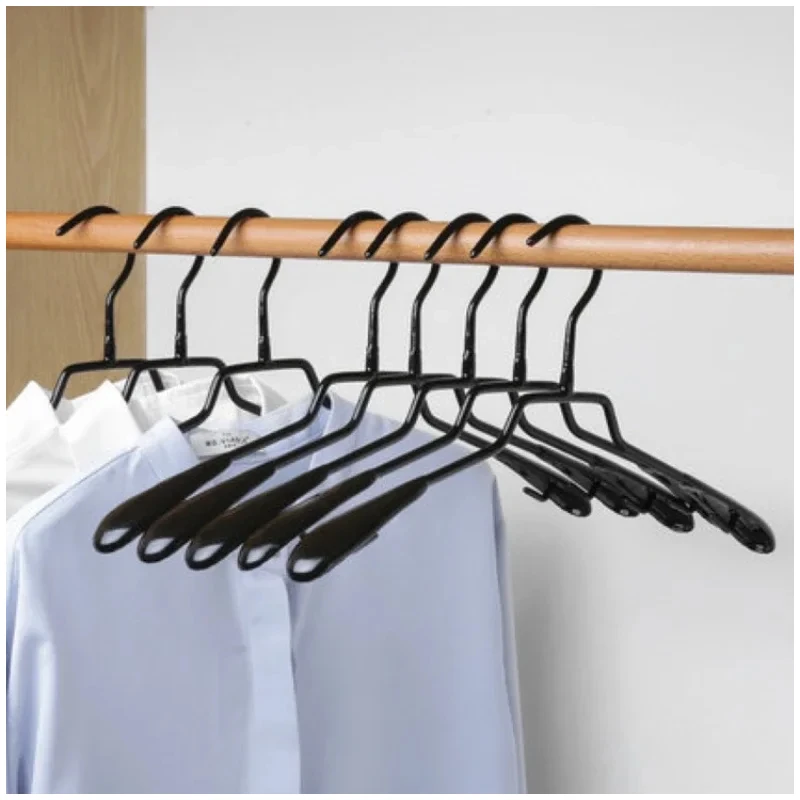 5PCS Black Household Clothes Hanger,Wide Shoulders Hangers with Non Slip Hook,Metal Dip Plastic Seamless Drying Rack for Closet