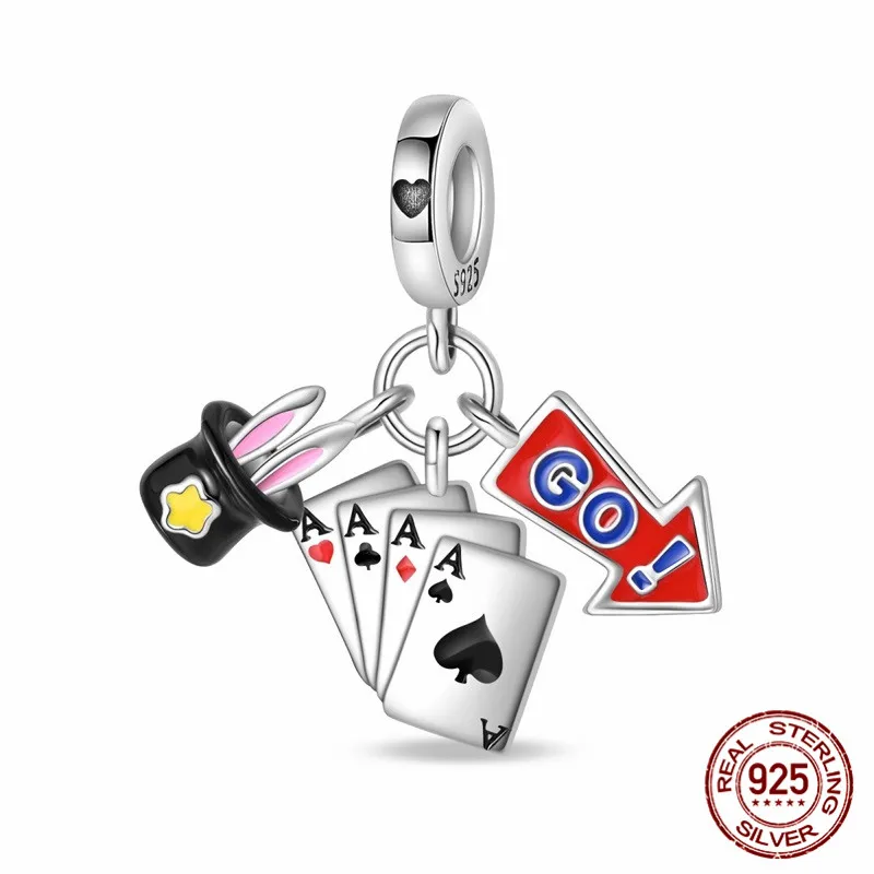 

925 Sterling Silver Magic Playing Card Pendant Beads Inlaid with Zircon Paired with an Original Bracelet DIY Womens Jewelry Gift